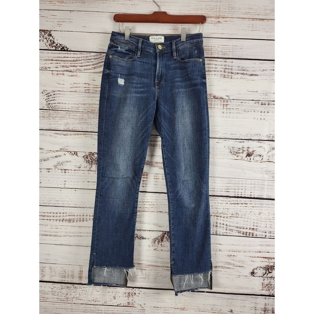 Frame Carroll Hi Low Raw Hem Jeans 26 Womens Mid Rise Distressed Medium Wash